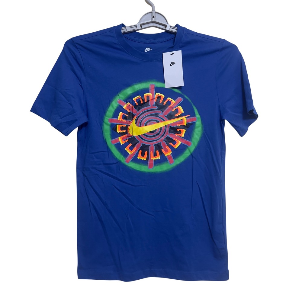 Nike T-Shirt Mens Small Blue Excellent Psychedelic Swoosh Graphic Tee